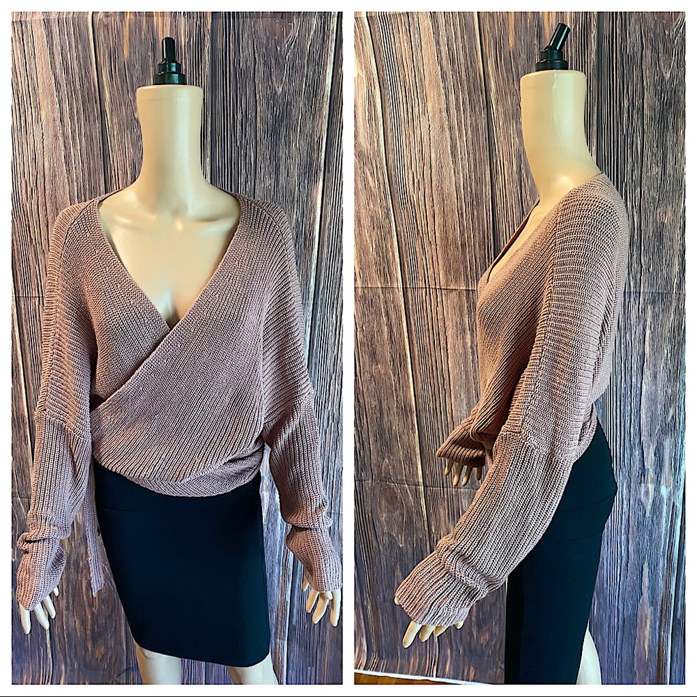 Fashion Nova size medium rose pale pink peach tan knit wrap blouse sweater